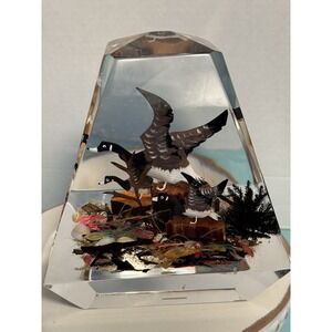 Vtg Retro Mod Lucite Acrylic Canadian Geese Ducks Prism Paperweight  EUC